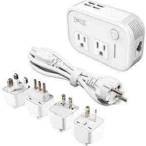 FOVAL Power Step Down 220V to 110V Travel Voltage Converter International Power Adapter for Hair Straightener/Curling Iron with 4-Port USB Charging US/UK/AU/EU Universal Plug Adapter (White)