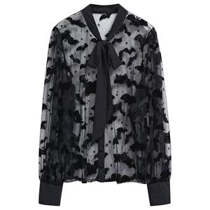 CHICWISH Women Mesh Tops Velvet Bats Printed Casual Shirt Self Tie Knot V Neck Long Sleeve Halloween Holiday Buttoned Blouse Black, L/XL