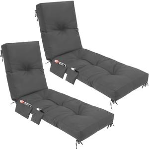 2 Pcs Outdoor Chaise Lounge Cushions with 3 Side Pocket 76x22x6 Inch Waterproof Long Deck Reclining Chair Cushions Fade Resistant Replacement Cushion for Furniture Lawn Pool (Dark Grey, Solid Color)