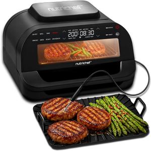 NutriChef Indoor Smokeless Grill | Smart Grill & Air Fryer with 7 Cooking Functions | 6L Capacity | Includes Smart Thermometer | Precise Temperature Control | Non-Stick Removable Grill Plates