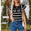 Womens Short Sleeve Sweater Crew Neck Striped Crochet Knit Pullover Top Ruffle Sleeve Summer Shirts Small Black Stripe