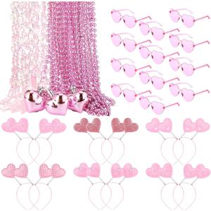 Kanayu 36 Pcs Valentine's Day Accessories Set Include 12 Heart Headbands 12 Glasses and 12 Heart Beaded Necklace for Valentine Props Party Costume Supplies Accessory (Pink)
