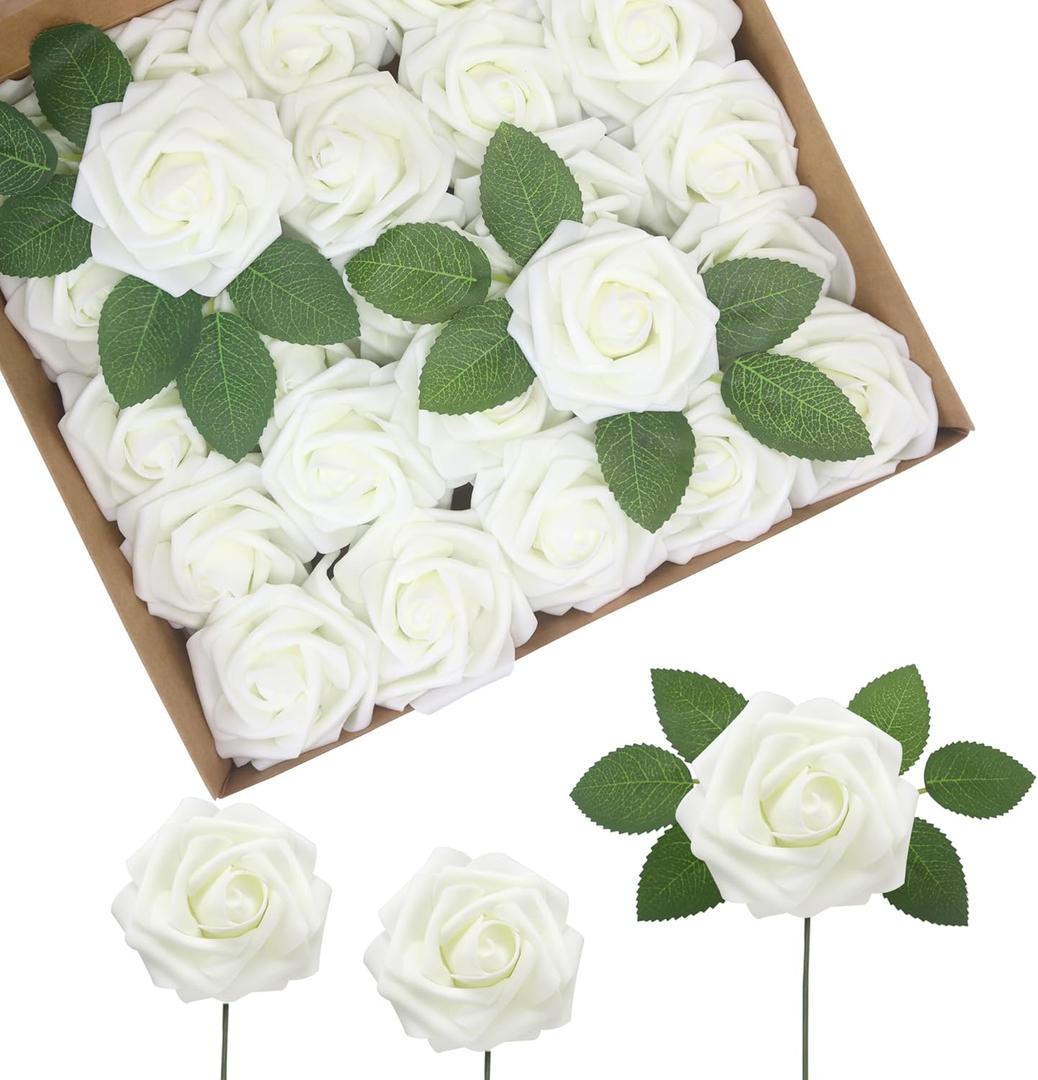 JOYLEX Ivory Artificial Flowers Realistic Roses, 100pcs Milk White Real Looking Fake Roses with Stem for DIY Wedding Bouquets Centerpieces Bridal Shower Party Home Romantic Decorations (Milk White) (Regular 3" - 100pcs)