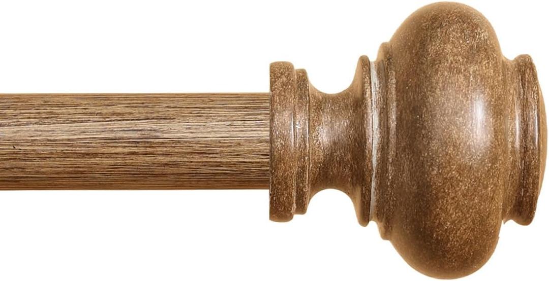 Wood Curtain Rods for Windows 66 to 120 Inch, 1 Inch Heavy Duty Curtain Rods with Imitation Wood Grain Finials, Boho Adjustable Drapery Rods, Farmhouse Rustic Single Window Curtains Rods (66-120")