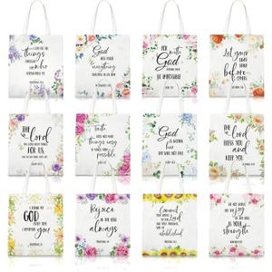 12 Pcs Christian Gift Bible Tote Bags for Women Religious Bulk Floral Christian Canvas Tote Religious Reusable Bags Bible Verse Book for Christmas Gift