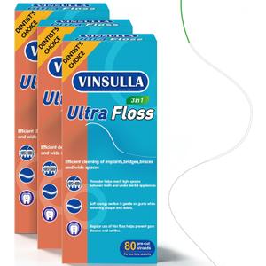 VINSULLA Dental Floss for Braces, Bridges & Implants, 3-in-1 Floss Threader, Spongy & Regular Floss, PFAS & PTFE-Free, 240 Pre-Cut Strands (Pack of 3)