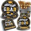 210Pcs Graduation Decorations 2026, Black and Gold Graduation Plates and Napkins Set for 30 Guests, Disposable Dinnerware, Dessert Plates and Forks, Graduation Birthday Party Tableware Supplies