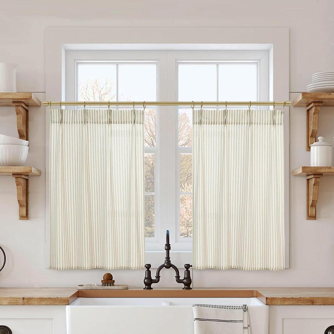 Cafe Curtains 32 Inch Length for Kitchen,Linen Sheer Pinch Pleated Antique Curtains for Samll Window 24 Width (Tan)