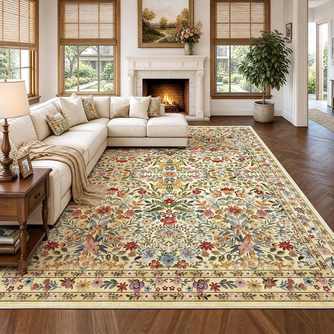 Beauoop 9x12 Floral Washable Beige Neutral Vintage Area Rug for Living Room