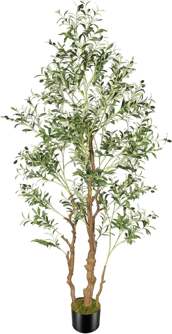 7.2ft Artificial Olive Tree (85in) with Plastic Nursery Pot Faux Olive Silk Tree, Fruits Fake Plant for Office House Farmhouse Living Room Home Decor (Indoor/Outdoor)