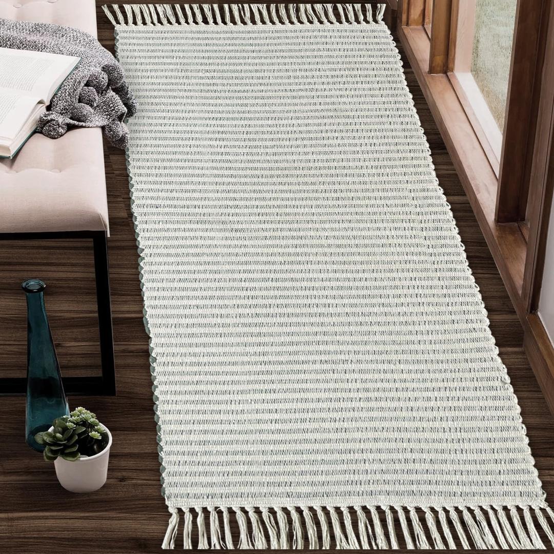 Chardin Home Green & Ivory Providence Stripe Area Rug 2' x 3' (Rectangular) | Hand Woven Recycled Cotton Rug | Machine Washable & Reversible