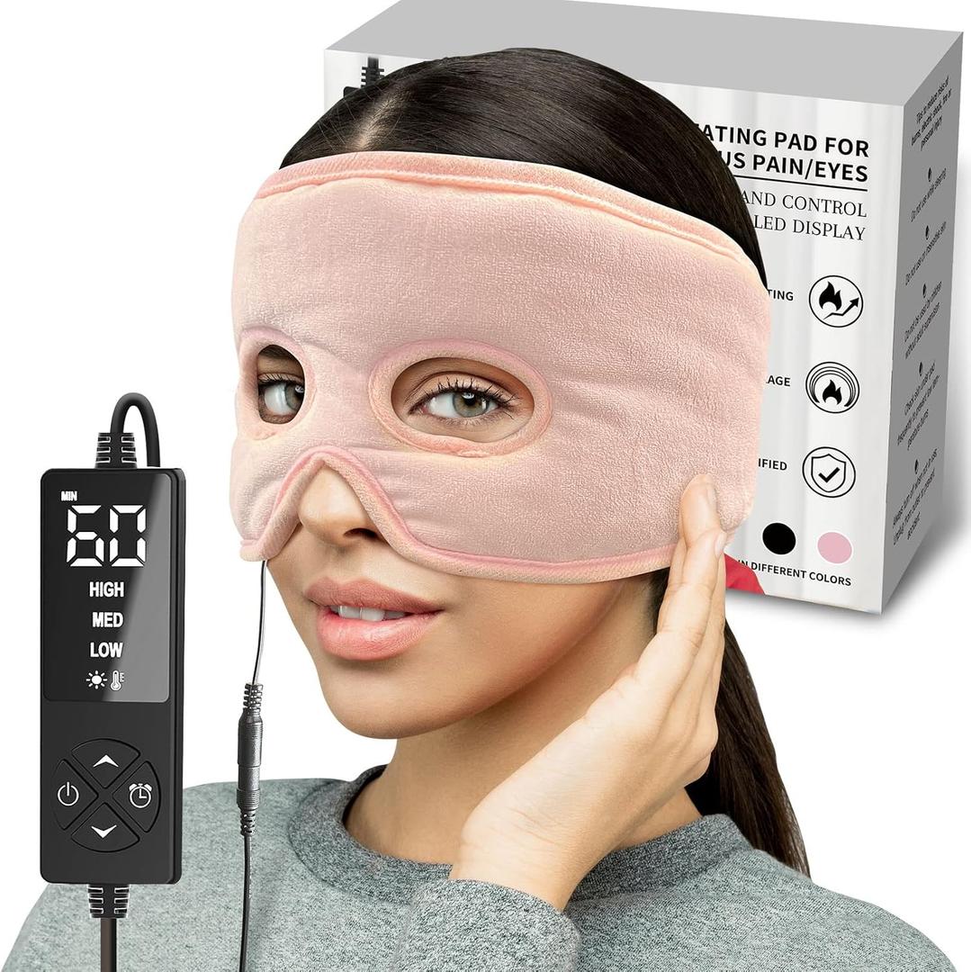 Moist Heat Sinus Pressure Relief Mask with 3 Heat Settings, Extra Large Face Heating Pad for Eyes, Sinusitis, Hormone Migraine, Tension Headache Relief, Pink