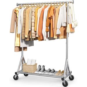 Heavy-Duty Clothes Rack, Stainless Steel Garment Stand with Mesh Shelf, Lockable Wheels & Anti-Slip Stoppers, Rolling Clothing Rack for Bedroom Storage, 42.5" x 16.5" x 65.9", Silver