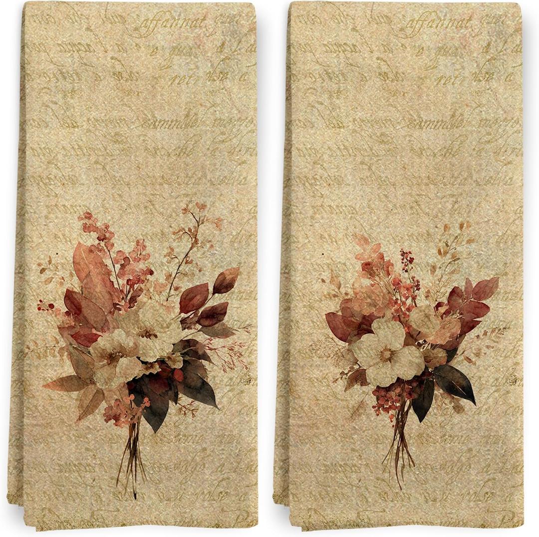 Vintage Fall Floral Kitchen Towels, Retro Rustic Antique Wildflower Floral Dish Tea Towels for Kitchen, Cottagecore Flower Decorative Hand Towels for Bathroom Decor, 16x24 Inch Set of 2