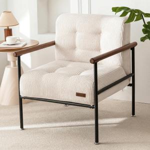MAXYOYO Living Room Accent Chair, Modern Chair with Sturdy Metal Frame & Wood Armrests, Upholstered Reading Chair with Upholstered Cushion for Bedroom Balcony Porch, Beige, Single