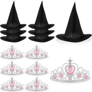 Tarpop 12 Pcs Halloween Witch Hat and Princess Crown Set, Queen Crown and Wizard Hat for Pink Green Birthday Party Decoration