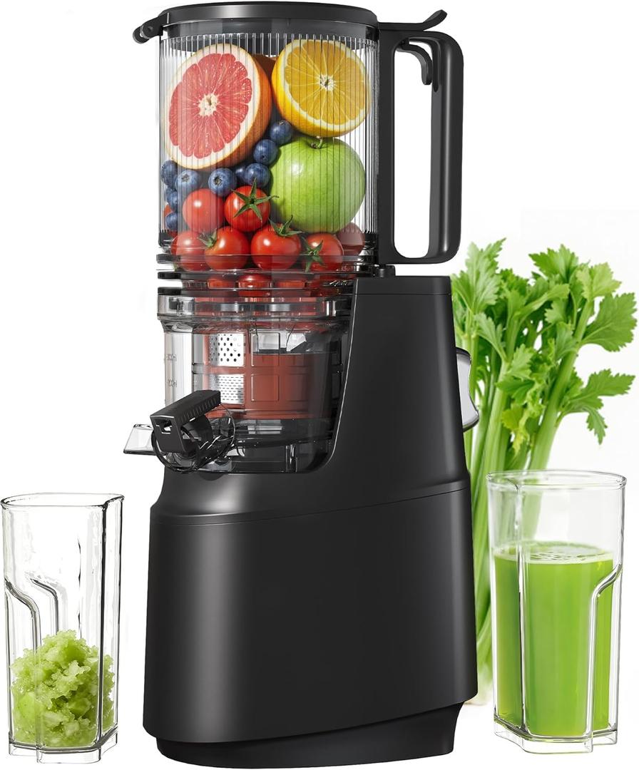 Cold Press Juicer, Juicer Machines with 5.3" Wide Feed Chute, Slow Masticating Juicer for High Yield with Whole Fruits and Vegetables (Black)