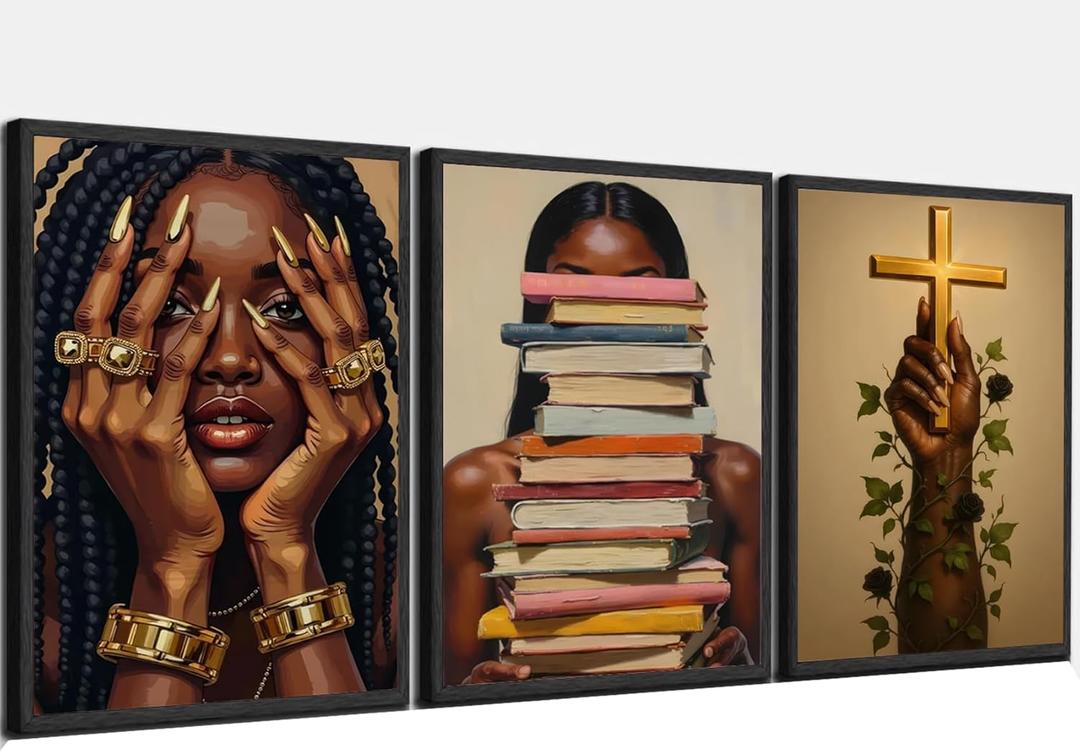 Pormipone 3 Pcs Black Women Canvas Wall Art African American Painting Poster Wall Decor Cross Books Pictures for Living Room and Girl's Bedroom Room Decoration 12 * 18 in(Poster No Frame)