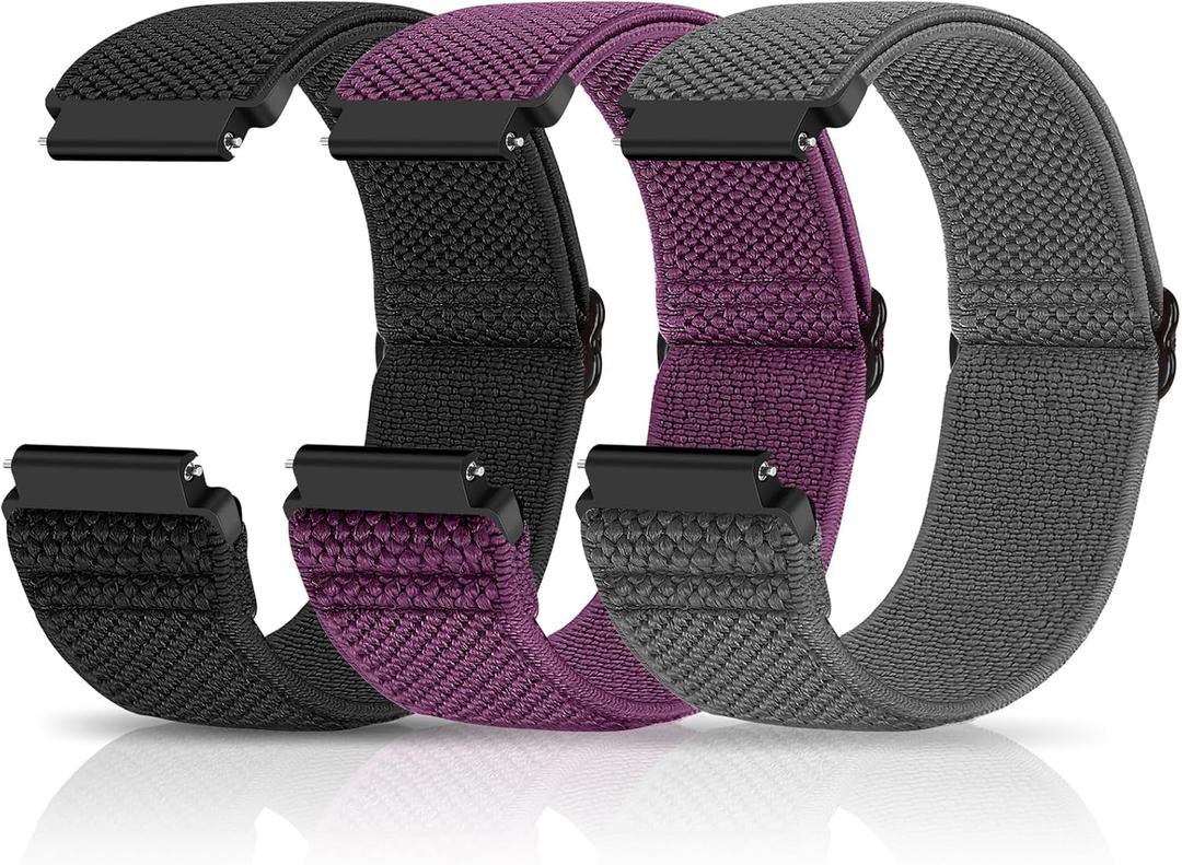 Compatible with 16mm 18mm 19mm 20mm 22mm 24mm Watch Bands Quick Release Replacement Wristband,Adjustable Stretchy Nylon Solo Loop Straps Fabric Braided Sport Elastic Bands for Men Women (Black+Purple+Grey)