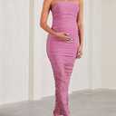 Mesh Maternity Dress Long Semi Formal Wedding Guest Dress Ruched Sexy Strapless Tube Bodycon Baby Shower Dresses Pregnancy Clothes Summer Casual (Purple XL) (XL)
