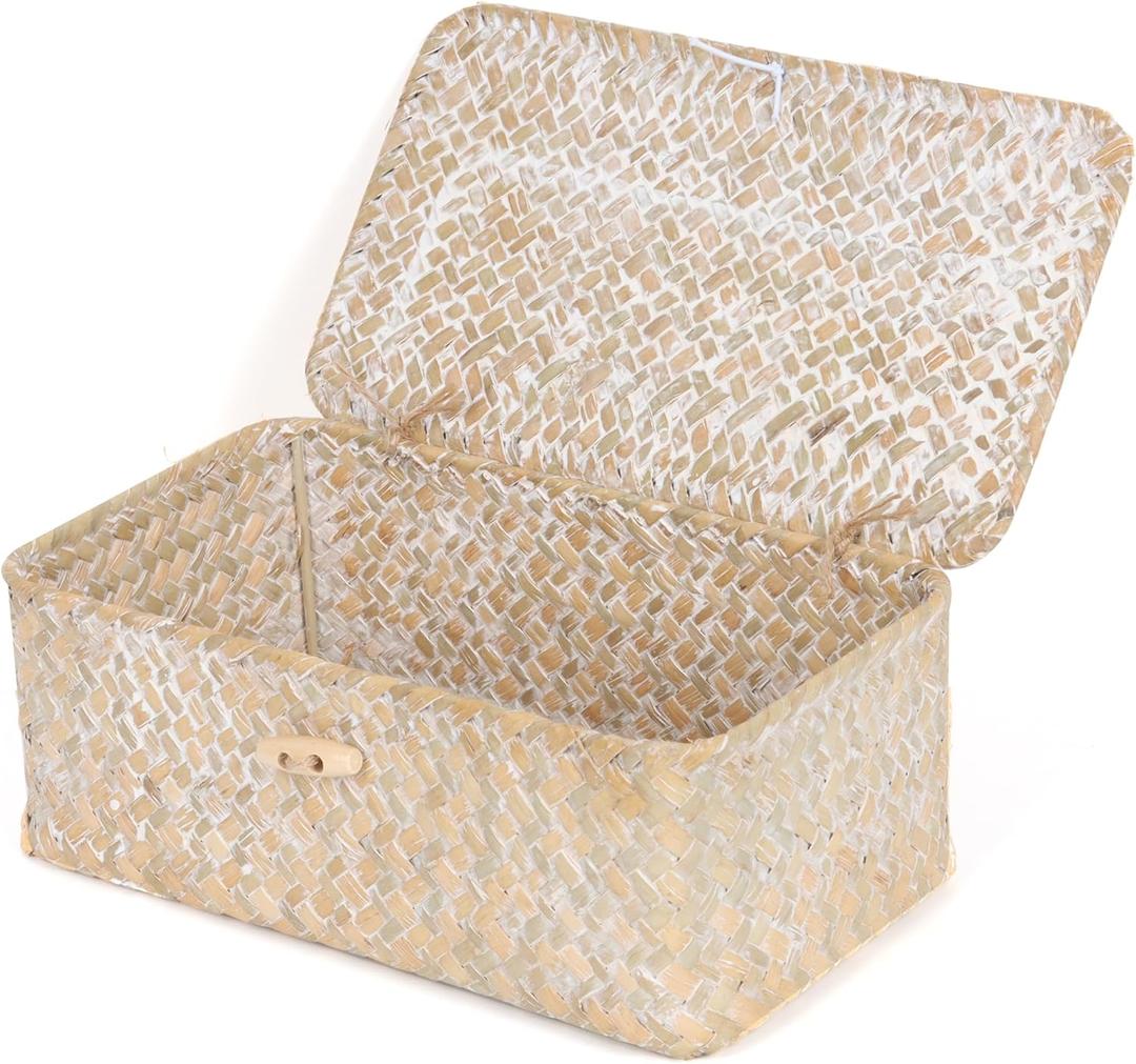 FEIALNDUO Wicker Shelf Baskets with Lid,Seagrass Storage Basket Bins Rectangular Handwoven Basket Boxes for Shelves Desktop Home Organizer (Whitewash, X-Small)