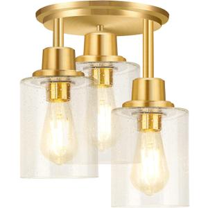 Semi Flush Mount Ceiling Light, 3-Light Close to Ceiling Light Fixtures, Brass Gold Finish Kitchen Light Fixtures with Clear Seeded Glass Shade Patriot Lighting for Entryway Porch Hallway Foyer