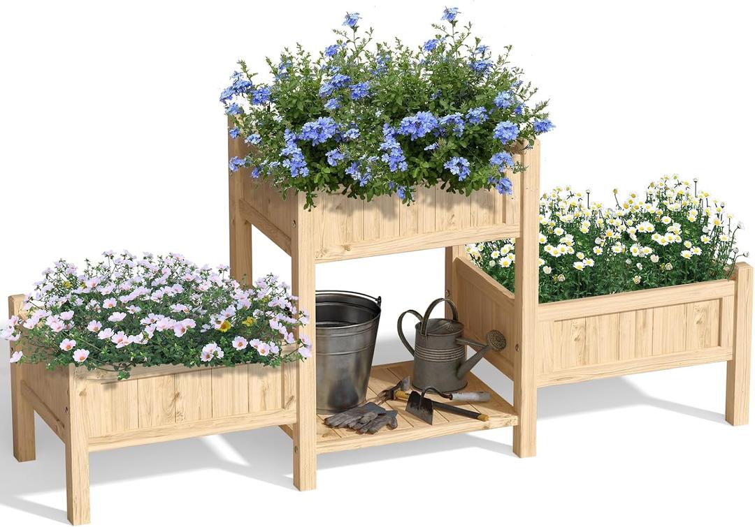 Extra Large Wooden Raised Garden Bed with Legs & Storage Shelf 3 Tier Outdoor Elevated Planter Box for Patios/Herbs/Flowers/Vegetables, Easy Assembly, Natural