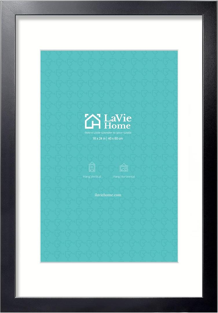 LaVie Home 16 x 24 Picture Frame Black Poster Frame,Display Pictures 12x18 with Mat or 16x24 Without Mat, Stable and Sturdy Frame and Polished Plexiglass, Suitable for wall decoration, 1 Pack