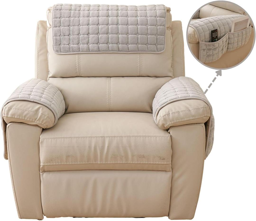 Vctops 3 Pieces Flannel Plush Sofa Armrest Cover Headrest Cover for Recliners Soft Fuzzy Non Slip 2 Arm Rest Covers and 1 Headrest Protector for Recliner Leather Sofa Couch(Grey,1 Seat)