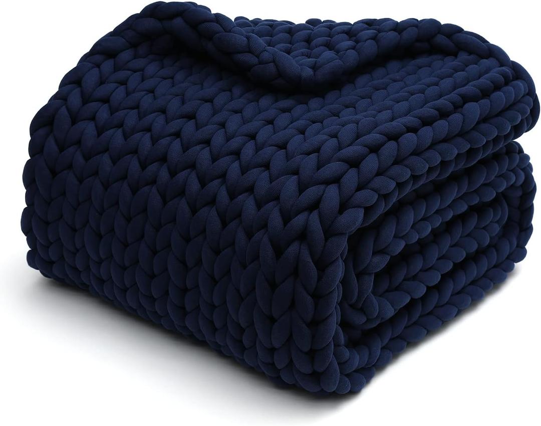 YnM Knitted Weighted Blanket, Hand Made Chunky Knit Weighted Throw Blanket for Sleep, Stress or Home Dcor (Navy, 60''x80'' 15lbs), Suit for One Person(~140lb) Use on Twin/Full Bed (Prussian Blue)