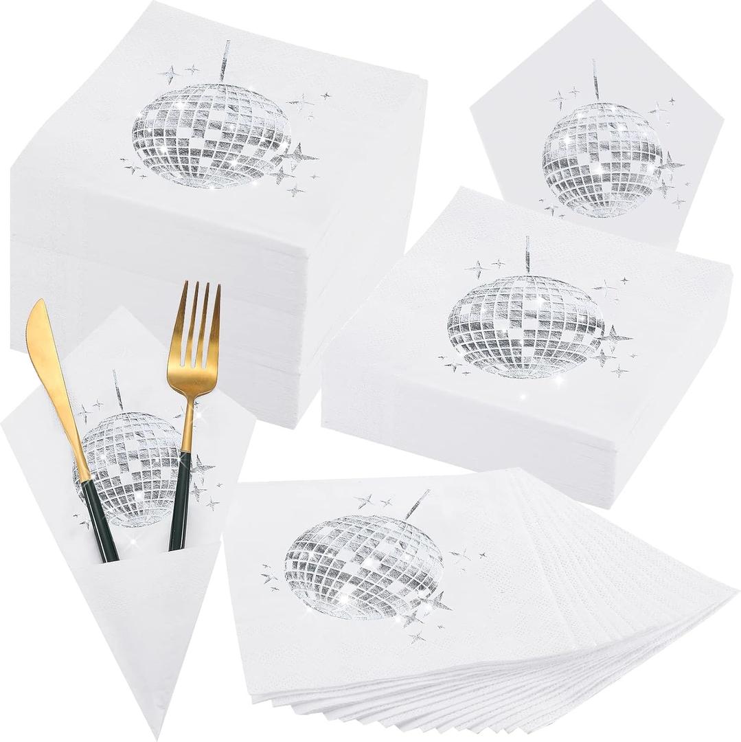 80 Pack Christmas Disco Happy New Year Party Cocktail Napkins 70s 80s 90s Gathering Supplies Disposable Disco Ball Paper Napkins Cocktail Stylish for Christmas Party Favors(White)