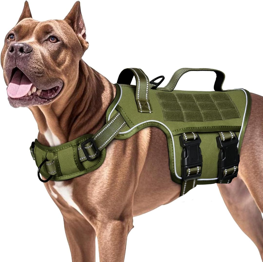 Dog Harness for Large Dogs Heavy Duty, No Pull Tactical Dog Harness with Molle System, Easy On and Off Service Dog Vest, Breathable Padded, Adjustable Reflective Pet Vest for Walking Hiking Training (XL(Neck:21-32",Chest:26-39"),75-135 lbs, Green)