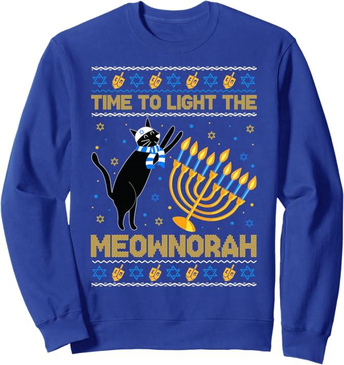 Light The Meownorah Jewish Cat Menorah Ugly Hanukkah Sweater Sweatshirt, Royal Blue, Large