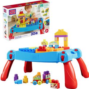 MEGA BLOKS First Builders Toddler Blocks Toy, Build n Learn Portable Activity Table with 30 Pieces and Built-In Storage, Blue, Kids Ages 1+ Years 