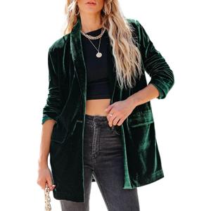Happy Sailed Women's Velvet Blazer Jackets Casual Long Sleeve Lapel Collar Pocketed Blazer Suits Work Outfits (Green)