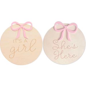 It's A Girl Gender Reveal Decorations - She's Here Wooden Card, Hospital Birth Gender Announcement, Girls Bow Hospital Sign, Baby Birth Sign Double Sided Engraving Photo Props
