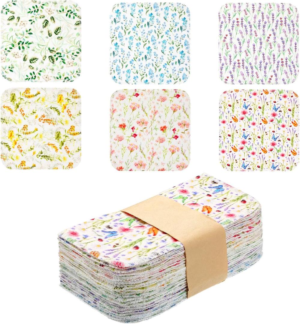Kinlop 24 Pcs Spring Easter Lunchbox Cloth Napkins Bulk Reusable 2 Ply 8" x 8" Floral Style Flannel Wipes Washable Soft Cotton Sturdy Absorbent Cloth Placemats for Dining Home Party