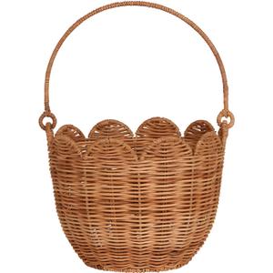 Scalloped Basket, Scalloped Edge Round Basket with Handle, Wicker Baskets for Storage, Hand Woven Shelf Baskets for Bathroom, Bedroom Organizing (Natural Rattan A)