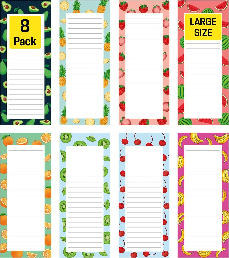 8 Large Magnetic Notepads Big Notepads for Grocery List, Shopping List, To-Do List, Reminders -Strong Magnetic Back- Memo Pads with Realistic Fruit Designs | 60 Sheets per Pad 9 x 3.5 inch (8 Pack)