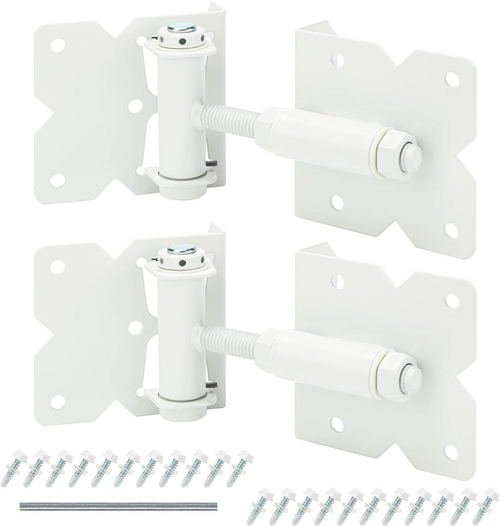 Self Closing Gate Hinges Heavy Duty Hardware Hinges for Wooden/Vinyl/PVC Fences, 90 Degree Adjustable Gate Hinge with Installation Screws and Swing Adjuster Tool, 2 Pack/Set, White
