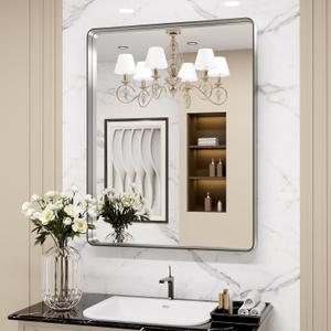 LOAAO 22X30 Inch Brushed Nickel Bathroom Mirror, Rounded Rectangle Silver Metal Frame Mirror, Brushed Nickel, Anti-Rust, Hangs Horizontally or Vertically