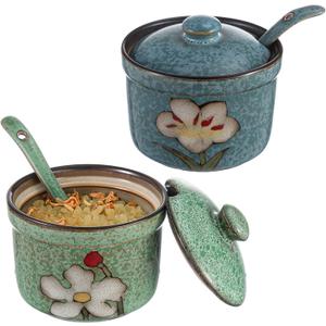 2 Pack Retro Hand Painted Flower Ceramic Salt Pepper Cellar with Lid and Spoon, Heavyweight Round Sugar Spice Containers Porcelain Jar for Housewarming Gift, Artisan Kitchen Decoration