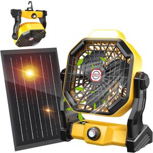 10400mAh Solar fan with LED Lantern, Camping Fan with Solar Panel, 7W Rechargeable Solar Powered Fan for Outside, Quiet Battery Operated Tent for Picnic, Barbecue, Fishing, Travel (Yellow)