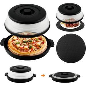 Microwave Splatter Cover 2 in 1 Collapsible Microwave Food Cover with Tray & Handles,Microwave Plate Covers With Steam Vent Fits Bowls,Plates & Pots,Food,Meal Prep(26 * 26 * 7cm,COLOR:Black)