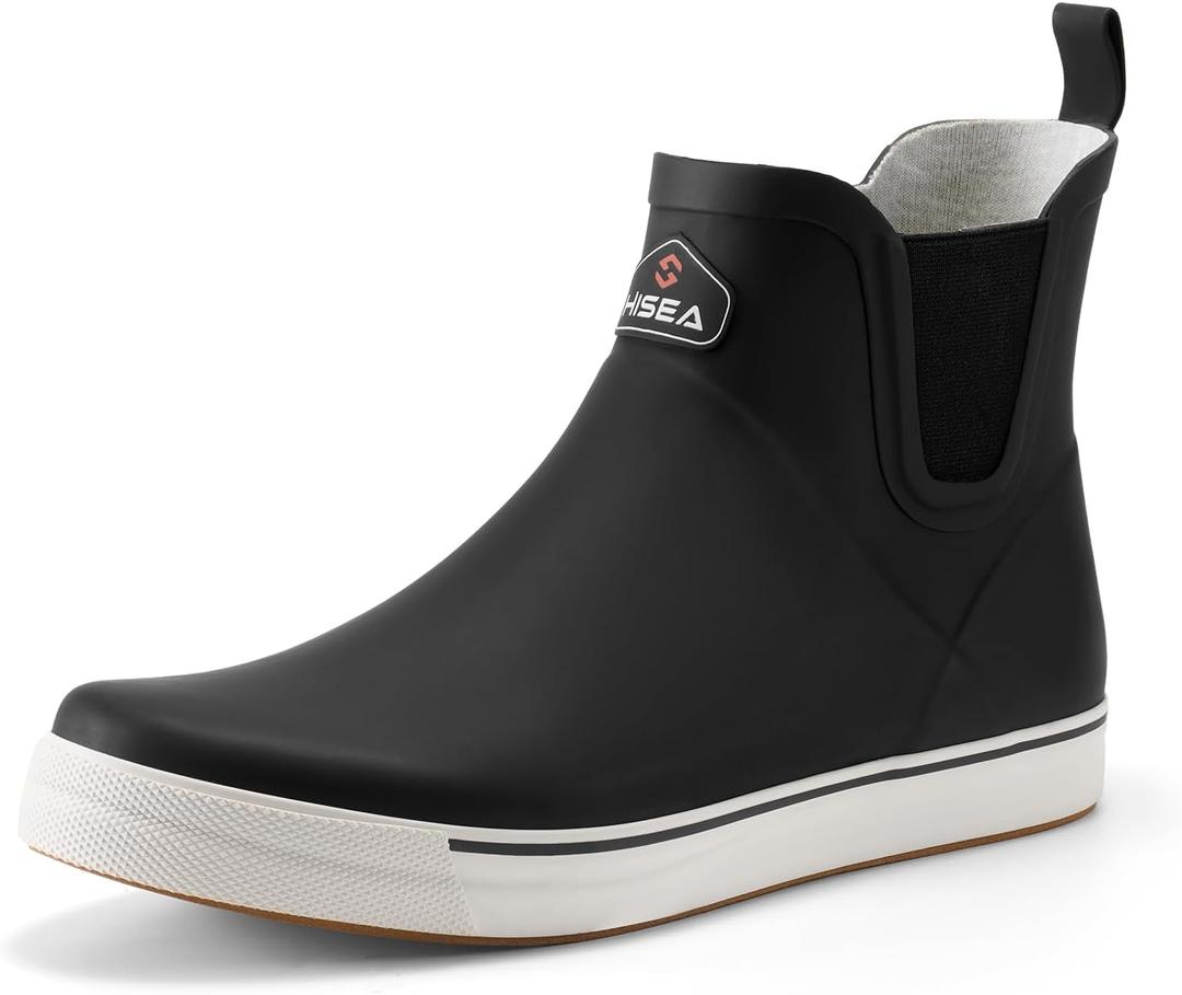 HISEA Men's Deck Boots Ankle Rain Boots Waterproof Rubber Saltwater Fishing Boot for Sailing (9, Black)