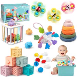 6 in 1 Montessori Baby Toy for Toddlers, Infant Teething Babies Stacking Blocks Rings Pull String Toy Suction Cup Spinner Toy Matching Eggs Shape Sorter Sensory Bin (Colourful)