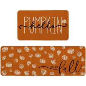 Artoid Mode Orange Hello Pumpkin Fall Kitchen Mats Set of 2, Autumn Home Decor Low-Profile Kitchen Rugs for Floor - 17x29 and 17x47 Inch
