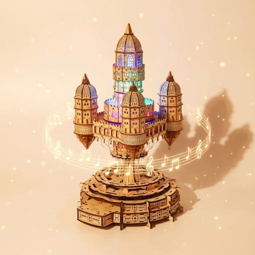 3D Wooden Puzzle for Adults – SkyCity Floating Castle Music Kit with LED Lights & Rotating Mechanism, DIY Mechanical Building Set, Hobbies Puzzle Models for Teens & Collectors