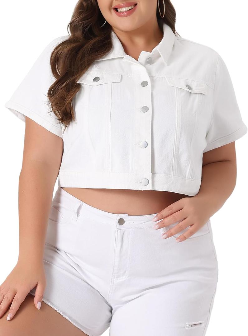 Agnes Orinda Plus Size Denim Jacket for Women Short Sleeves Button Down Cropped Jean Jackets 2X