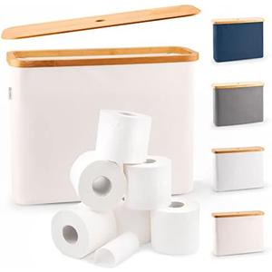LONBET Toilet Paper Storage for 12 Rolls, Stackable & Foldable - The Ultimate Bathroom Organizer - Waterproof Basket with Bamboo Lid - Elegant Toilet Paper Storage Holder, Light Gray